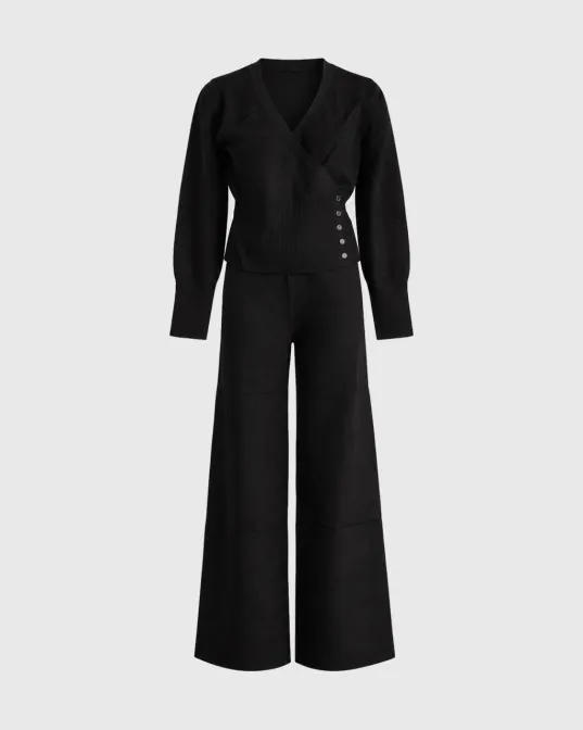 Aurore komplet s gornjim dijelom na preklop i wide leg pantalonama - No.97, crni