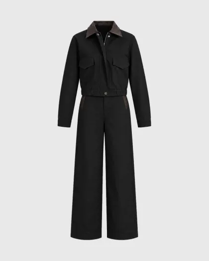 Kratka jakna i wide leg pantalone Sabrina s kontrastnom kragnom - No.97, crni