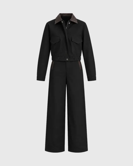 Kratka jakna i wide leg pantalone Sabrina s kontrastnom kragnom - No.97, crni